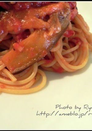 A picture of Block Bacon and Eggplant Pasta all'Arrabiata.