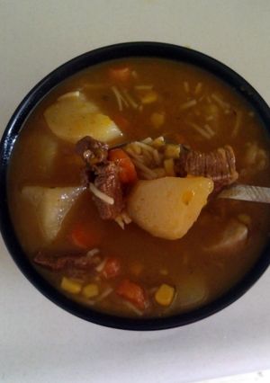 A picture of Caribbean chunky beef soup.