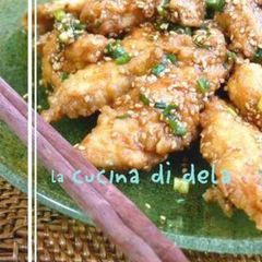 A picture of Fried Chicken Tenders With Oyster-Ketchup Sauce, Green Onion and Sesame.