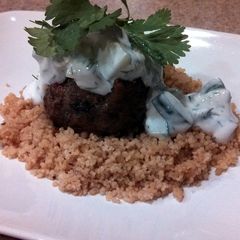 A picture of Grilled Moroccan Meatballs with Yogurt Sauce.