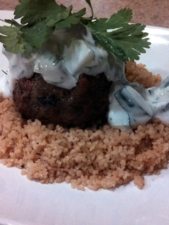 A picture of Grilled Moroccan Meatballs with Yogurt Sauce.