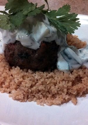 A picture of Grilled Moroccan Meatballs with Yogurt Sauce.