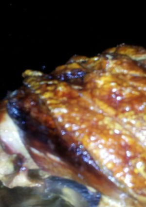A picture of Traditional English roasted leg of pork with perfect crackling.
