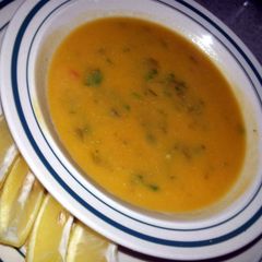 A picture of Pam's Shorba Ades (Yellow Lentil Soup)....