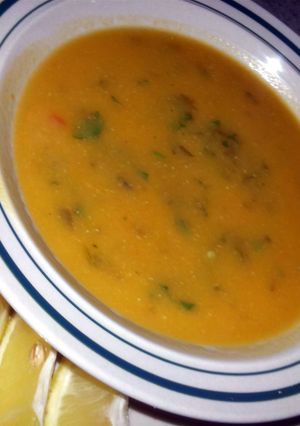 A picture of Pam's Shorba Ades (Yellow Lentil Soup)....