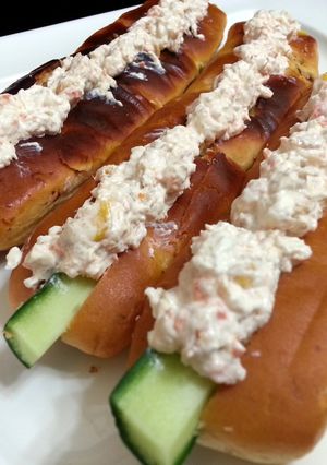 A picture of Salmon Spread In Hotdog Bun.