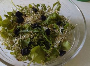 Una foto de Ensalada de berros, arúgula, germinado de soya y ciruela seca y ajonjolí
