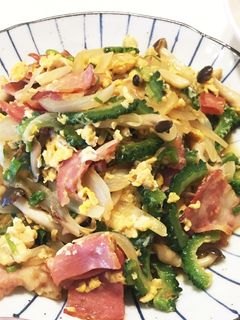 A picture of Stir fried Goya with eggs and bacon 🍳.