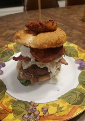 A picture of Brad's fried green tomato burger.