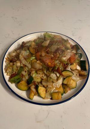 A picture of Cabbage Zucchini Bacon Saute.