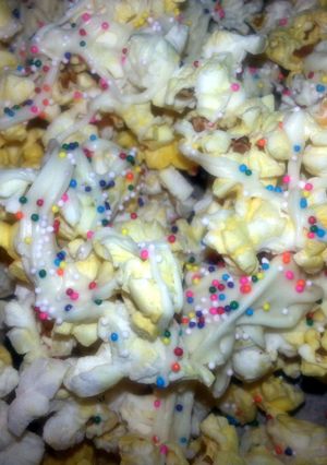 A picture of Festive White Chocolate Popcorn.
