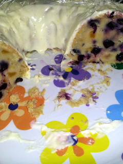 A picture of Peach and Blueberry Citrus Pound Cake with Citrus Cream Cheese Glaze.