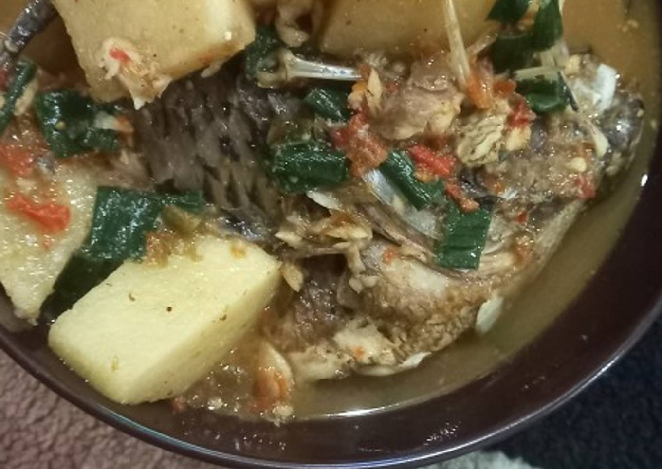 Water soup with sweet potato and fish chili