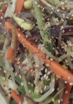 A picture of Julienne konnyaku and tofu stir fry.