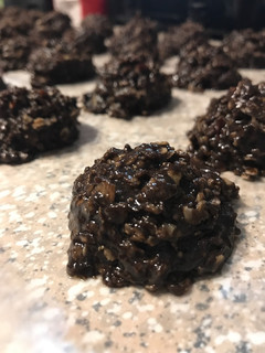 A picture of Peanut Butter, Coconut and Chocolate NO BAKE Cookies.