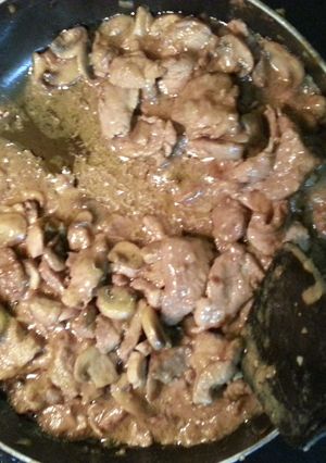 A picture of pork and mushrooms.