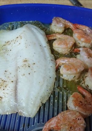 A picture of Microwave Steamed Shrimp/Fish in Lemon Butter Sauce.