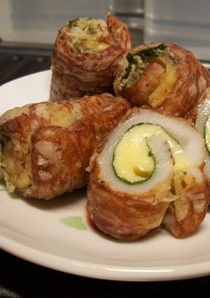 A picture of Cheese Stuffed Chikuwa Fritters with Shiso.