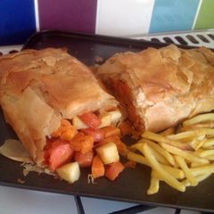 A picture of Vickys Roasted Vegetable Strudel, Gluten, Dairy, Egg & Soy-Free, Vegetarian Christmas Dinner.