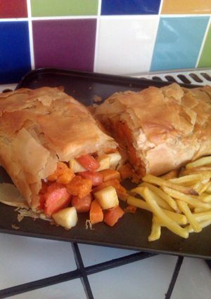 A picture of Vickys Roasted Vegetable Strudel, Gluten, Dairy, Egg & Soy-Free, Vegetarian Christmas Dinner.