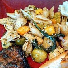 A picture of Warm Brussel Sprout Pasta Salad.