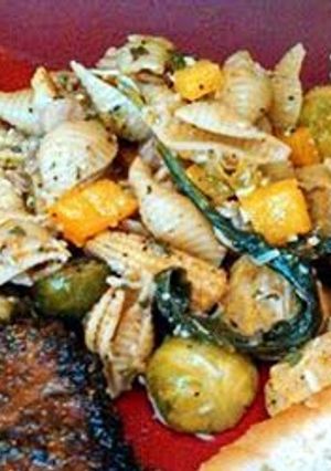 A picture of Warm Brussel Sprout Pasta Salad.