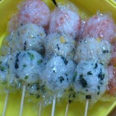 A picture of Tri-Colored Rice Balls on a Stick for Dolls' Festival and Cherry Blossom Viewing.