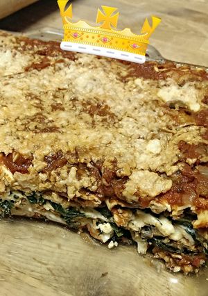 A picture of Spinach and mushroom lasagna.