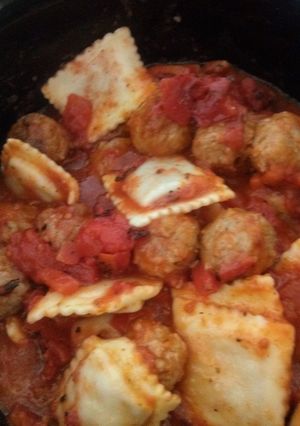 A picture of Ravioli and meatballs!.