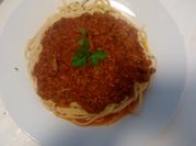A picture of linguine in meat sauce