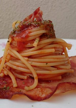 A picture of Spaghetti And Ham With Honey Whole Grain Mustard Sauce.