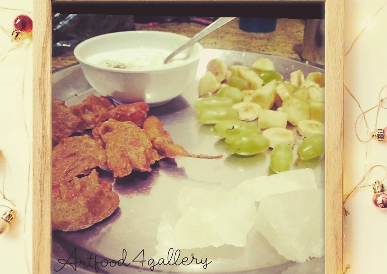 Singhada aata pakora, Agra petha,curd n fruits in frame