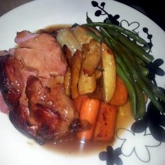 Honey and Mustard Glazed Ham with Roasted Veg and Gravy A picture of Honey and Mustard Glazed Ham with Roasted Veg and Gravy.