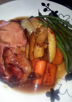 A picture of Honey and Mustard Glazed Ham with Roasted Veg and Gravy.