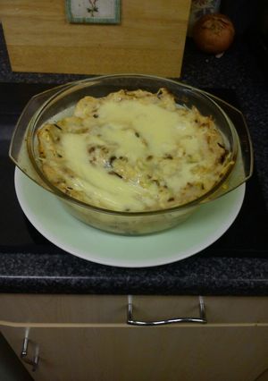 A picture of Cheesey leek and potato bake.