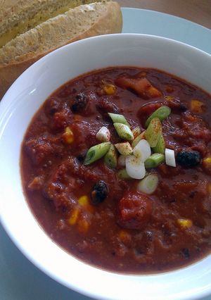 A picture of Vickys Chunky Chilli Bean Soup, GF DF EF SF NF.