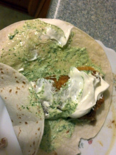 A picture of Bomb Battered Fish Tacos with Crema jalapeno sauce!.