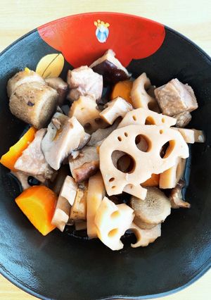 A picture of Chikuzen-ni (Simmered Chicken and Root Vegetables).
