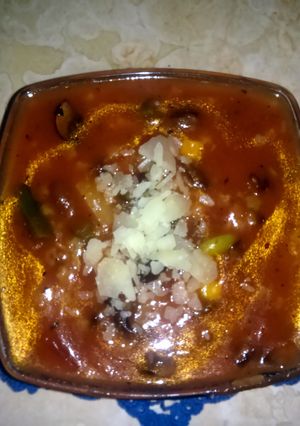 A picture of Stelline tomato mushroom bean stew (minestrone?).