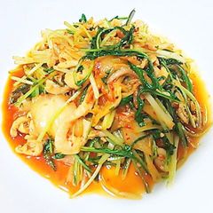 Chicken Skin and Mizuna Kimchi Stir-fry A picture of Chicken Skin and Mizuna Kimchi Stir-fry.