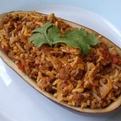 A picture of Vickys Greek-Style Lamb Stuffed Aubergine, GF DF EF SF NF.