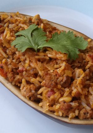 A picture of Vickys Greek-Style Lamb Stuffed Aubergine, GF DF EF SF NF.