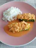Chicken-Stuffed Zucchini in Roasted Red Pepper Sauce