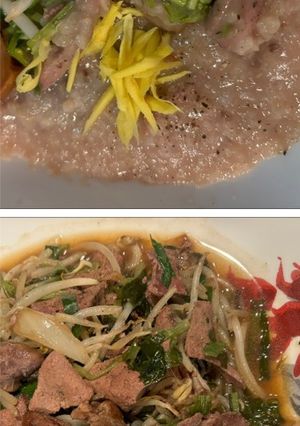 A picture of Stir-Fried Bean Sprouts and Garlic Chives with Pork Liver & Chicken Liver Congee.