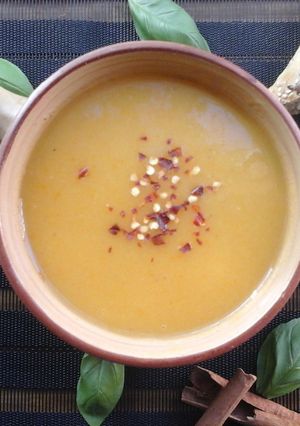A picture of One pot thick sweet potato soup.
