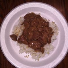 A picture of beef tips in mushroom sauce.