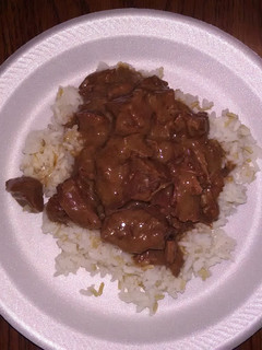 A picture of beef tips in mushroom sauce.