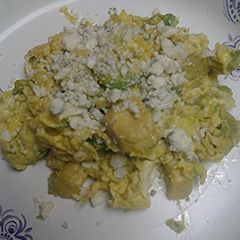 A picture of Eggs, Avocado, and blue cheese.