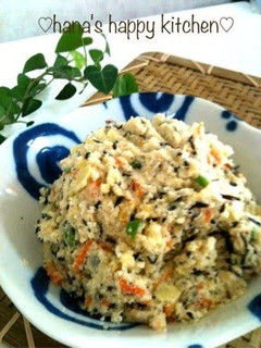 A picture of Healthy Potato Salad with Okara and Hijiki Seaweed.