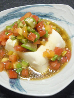 A picture of For one more side dish: Chilled Tofu with Tomato and Okra.